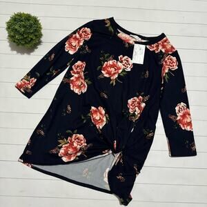 Reborn J NWT Blue Bold Floral Spring Summer Long Line Tunic Top Womens Medium